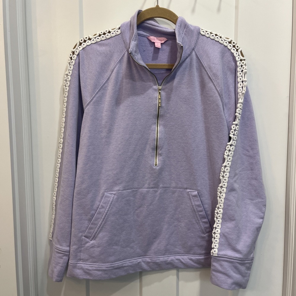 LILLY PULITZER Skipper Popover 1/2 Zip Jacket Top Periwinkle Purple Lace Size L